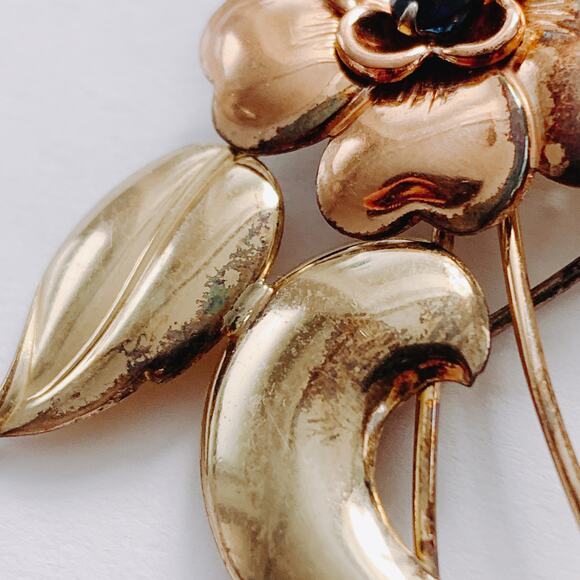 VTG Signed Harry Iskin Mid Century Gold Filled Floral Brooch Blue Rhinestone 40s - Picture 14 of 15